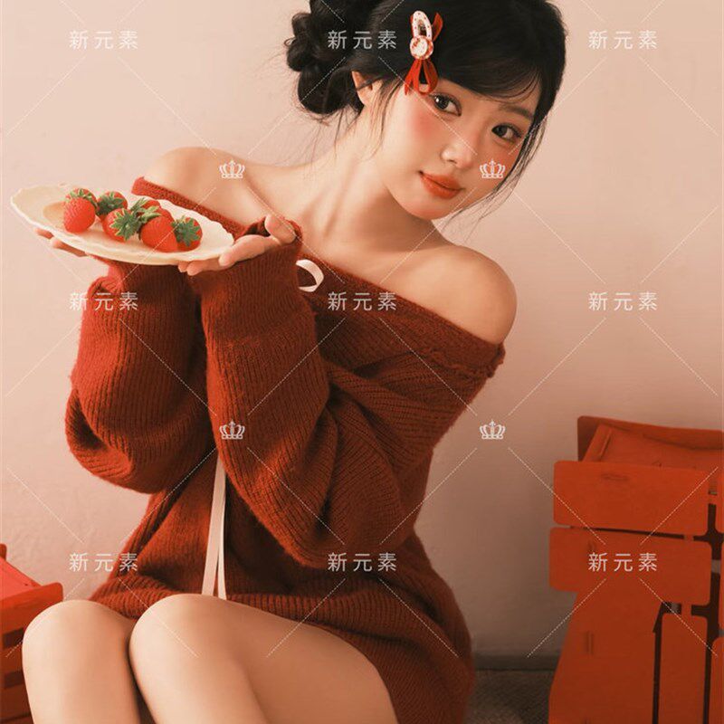 新款影楼个人艺术照慵懒毛衣圣诞新年氛围感可爱少女摄影写真服装