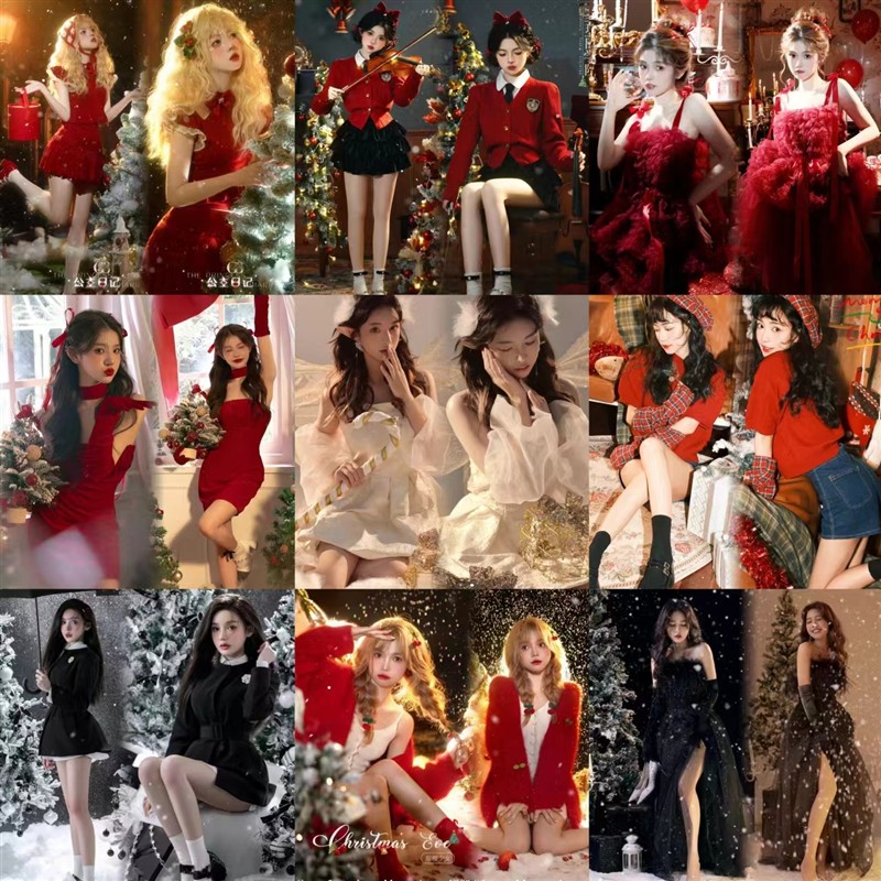 新款影楼秋冬新年圣诞主题写真服装时尚小清新女艺术照摄影服饰