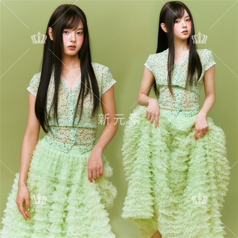 照相馆新款甜美少女风绿色碎花蕾丝洋装拍照写真艺术舞台摄影服装