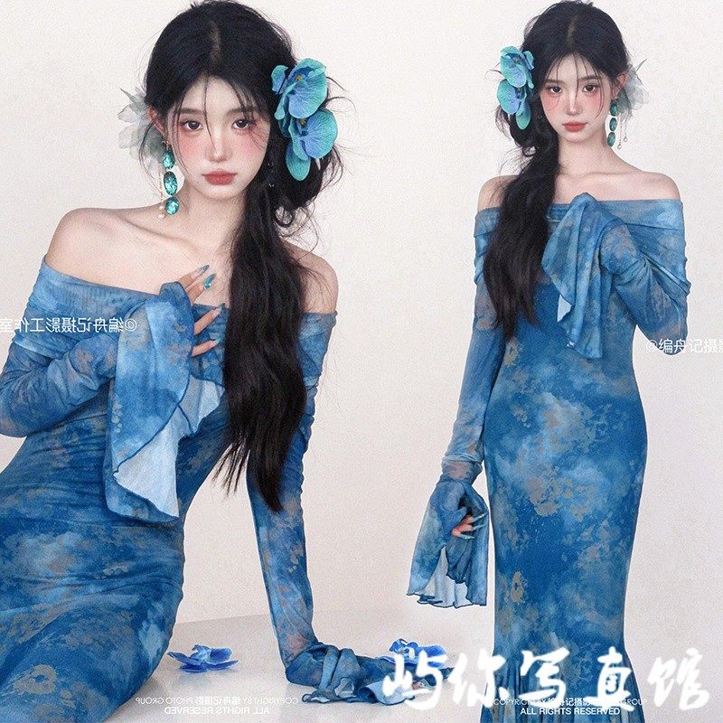 影楼新款个人法式水墨画主题印花鱼尾连衣裙温柔风一字肩摄影服装,户外/登山/野营/旅行用品,其他户外服装,淘宝优惠券,粉丝福利购,淘宝优惠卷