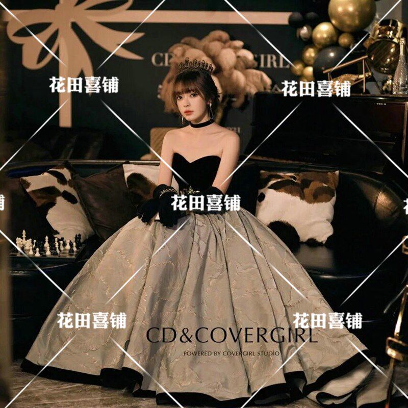 黑色抹胸宴会晚礼服女鞠婧祎同款赫本风主题写真婚纱年会主持礼服