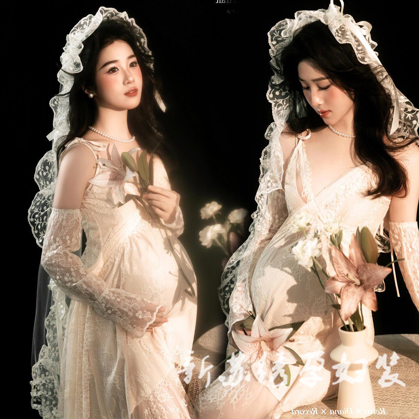 孕妇写真主题新款法式复古时尚唯美蕾丝连衣裙肖像孕妈艺术照服饰