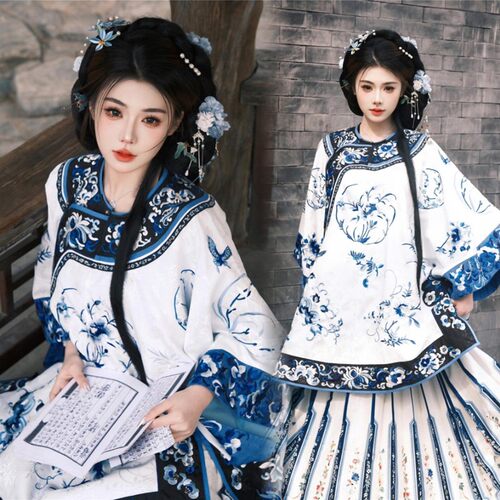 影楼新中式国风清汉女改良汉服青花瓷格格服马面裙套装旅拍摄影服