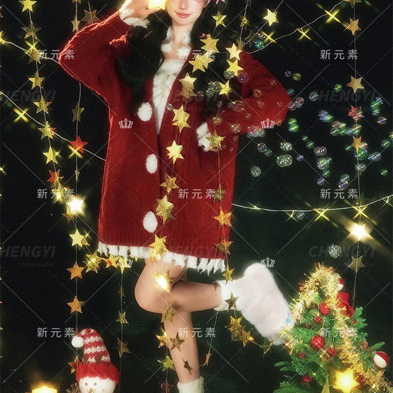 冬影楼新款圣诞主题拍照红色毛衣可爱甜美少女室内艺术照写真服装