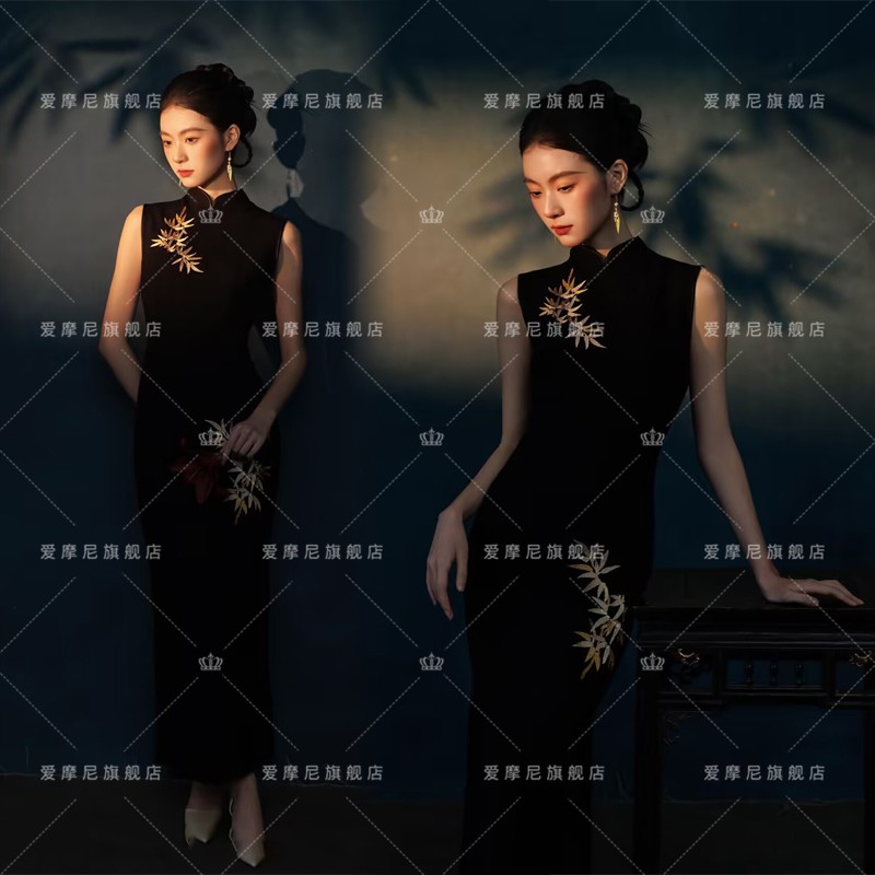 2025影楼复古新中式高级感黑色旗袍国风光影肖像写真艺术照服装