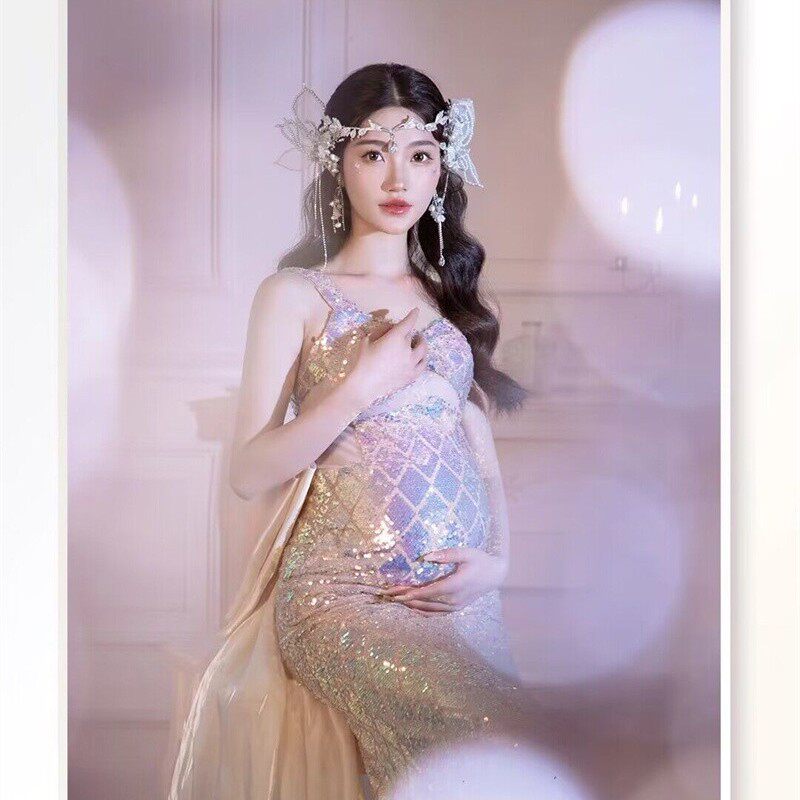 影楼新款孕妇照服装孕妈咪居家高级感拍照衣服亮片人鱼姬孕妇礼服