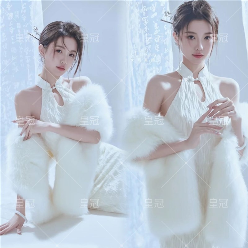 新款照相馆主题写真服装少女纯欲私房复古白色性感艺术照民国风旗