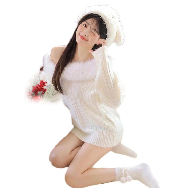 新款照相馆耶诞主题写真服装白色毛衣冬季少女纯欲小清新艺术照摄