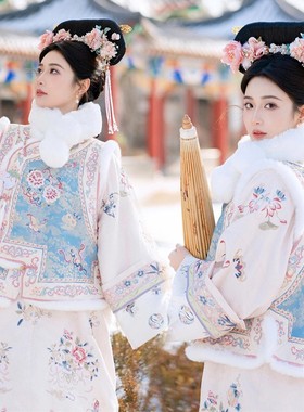 格格服装冬季原创汉服清代印花古装加厚马甲公主格格清朝旗装旅拍