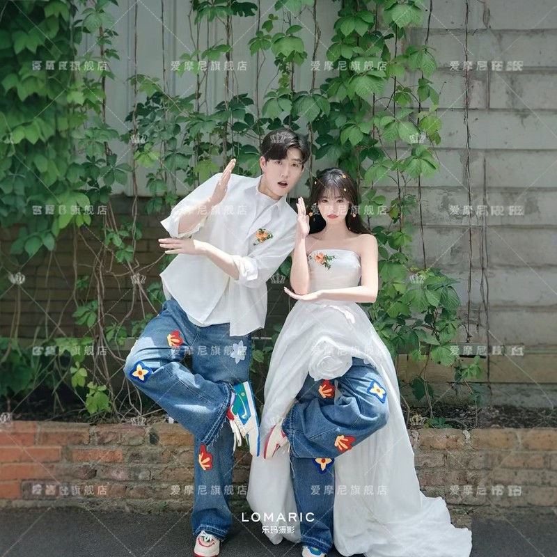 影楼拍照旅拍主题服装街拍婚纱摄影情侣混搭抹胸白色前短后长礼服