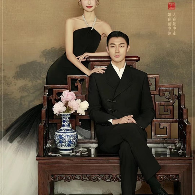 影楼写真服装新中式简约工笔画中国风鱼尾婚纱情侣旅拍摄影礼服