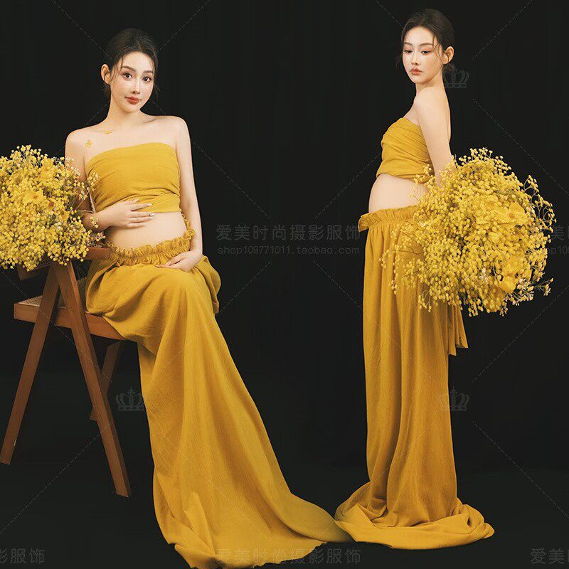 孕妇装主题黄色抹胸长裙影楼摄影服高级感主题个人艺术照写真服装