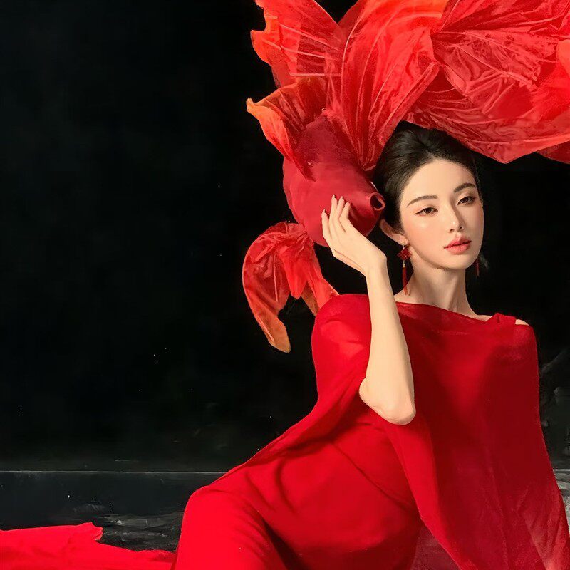红色锦鲤主题写真摄影服装秋冬氛围感新年元旦氛围感拍照服装