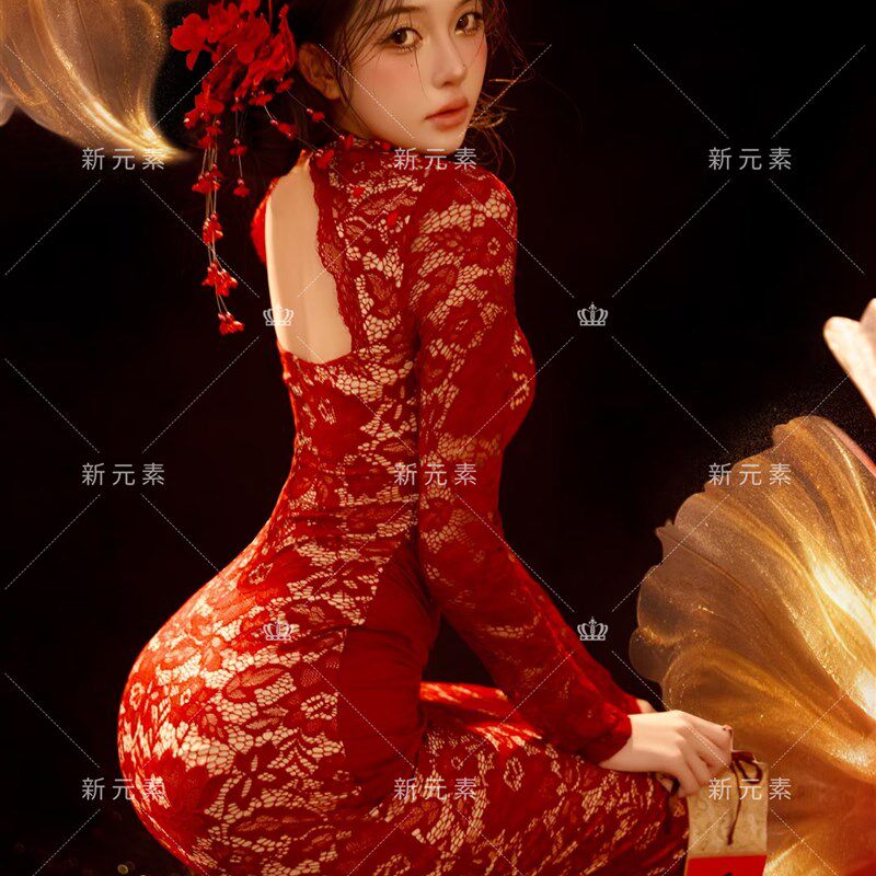 影楼法式高级感摄影服装女红色露背蕾丝连衣裙性感私房照写真衣服