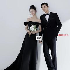 黑色小晚礼服女2024新款法式缎面鱼尾轻奢小众婚纱摄影简约连衣裙