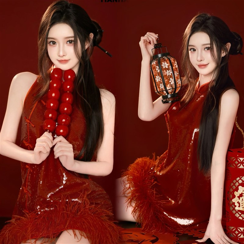 龙年主题拍照新年国潮复古写真服装中国风亮片旗袍艺术照摄影服饰
