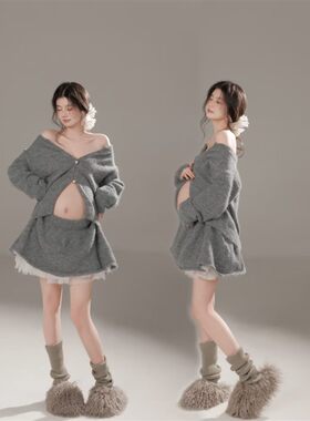 影楼秋冬新款影楼孕妇拍照服装可爱小清新慵懒韩系灰色毛衣套装