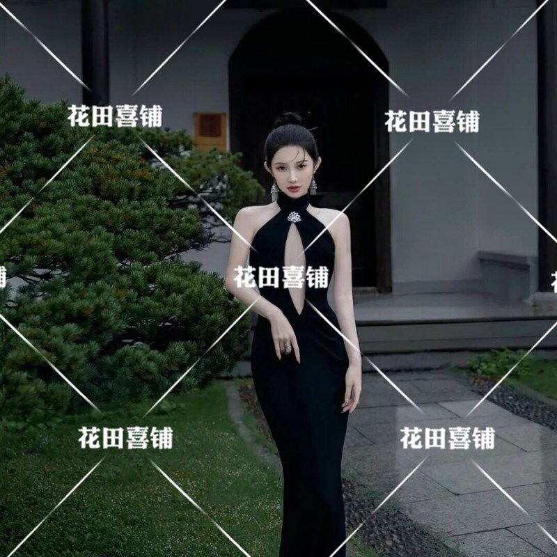 照相馆复古风写真主题服装时尚个性黑色露胸礼服少女艺术照摄影服
