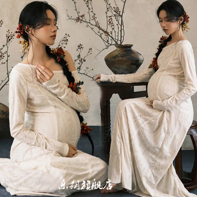 孕妇照写真新款影楼新中式连衣裙禅意风孕妈咪大肚照衣服在家拍摄