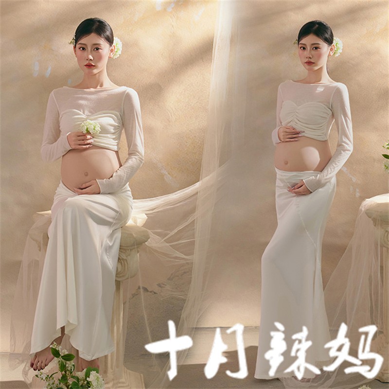 孕妇拍照服装照相馆新款法式温柔风套装孕妈咪大肚照摄影衣服在家