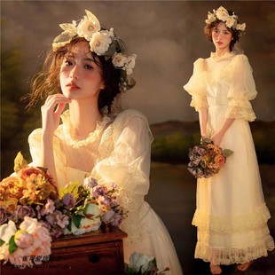 少女油画风超仙连衣裙个人艺术照主题服装 复古轻婚纱影楼新款 法式