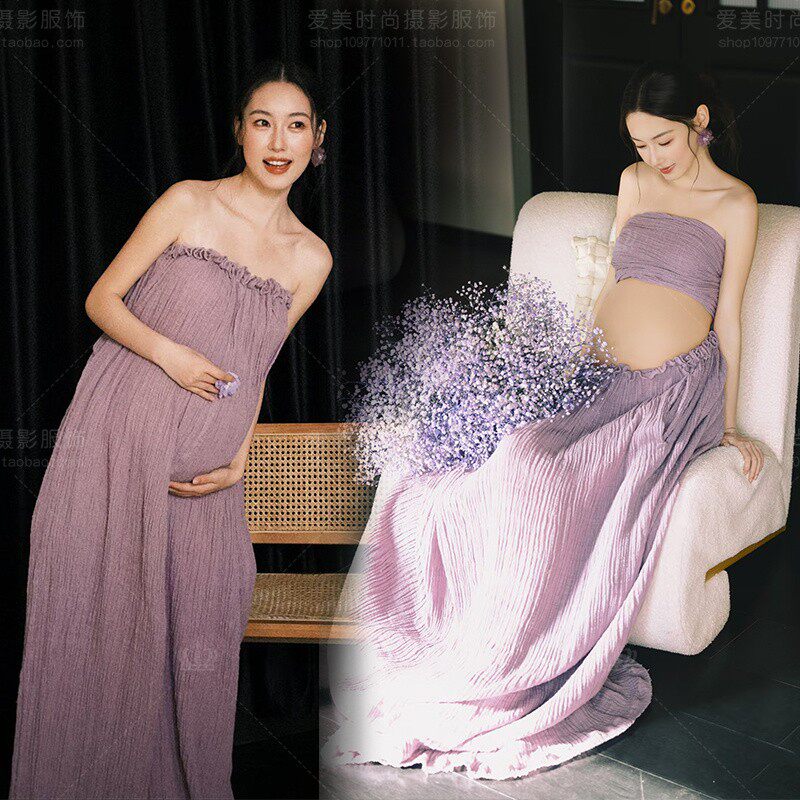 影楼新款孕妇装紫色抹胸清冷拖尾高级感复古孕妈咪个人摄影写真服