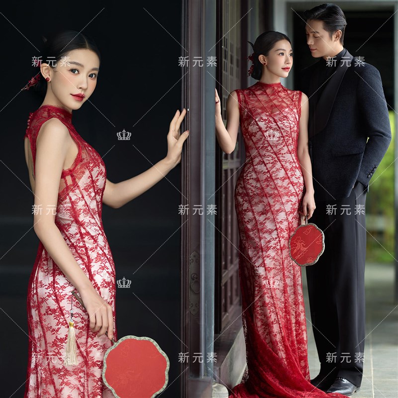 照相馆情侣拍照中式园林主题服装女复古红色蕾丝礼服裙摄影写真服