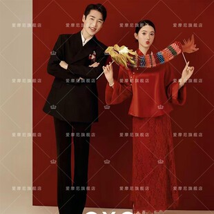 新款影楼情侣新中式喜嫁风婚纱照俏皮复古红色旗袍主题拍照服饰女