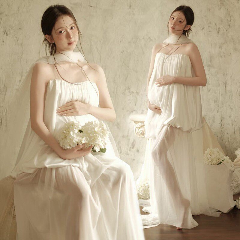 法式轻婚纱孕妇摄影服装白色抹胸仙女风唯美仙气高级感写真礼服裙