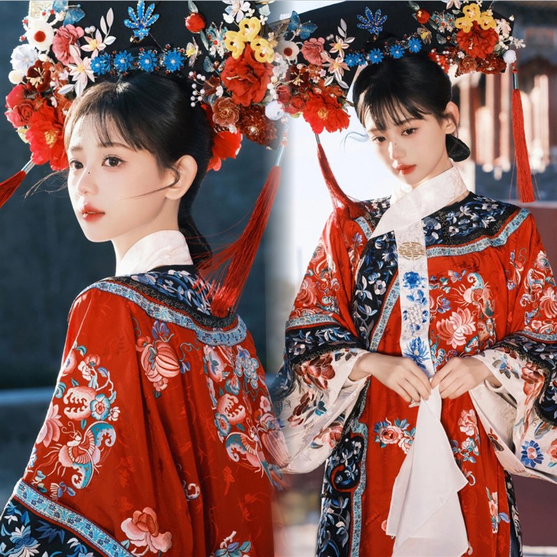 新款宫廷风清代红色印花格格服新中式清朝汉服女旅拍写真摄影服装