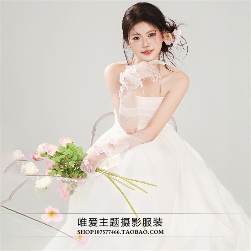 影楼梦幻风抹胸白色婚纱礼服女长拖尾蓬蓬裙摄影拍照轻奢高级感