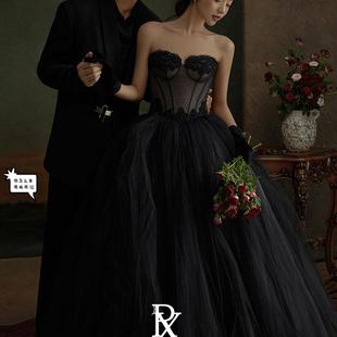 影楼拍照主题服装 新款 情侣外景旅拍室内法式 复古抹胸黑色婚纱礼服