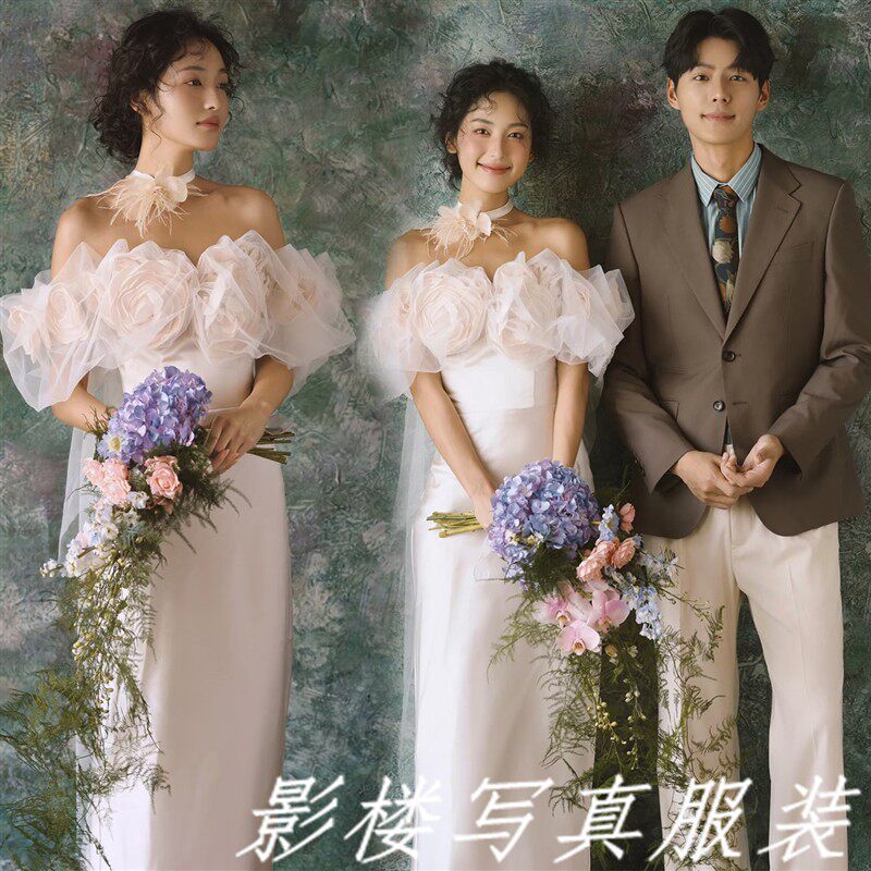 影楼拍照法式甜美风白色蕾丝婚纱复古宫廷风个人写真摄影舞台服装