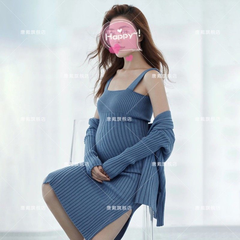 孕妇摄影服装唯美卡其色针织吊带裙影楼孕妈咪服孕妇照片写真服装