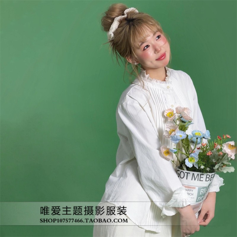 影楼日系甜美花边衬衫女白色荷叶边蝴蝶结领证拍照服装可爱元气
