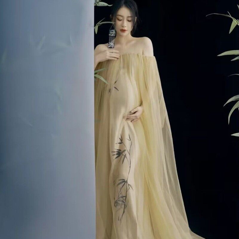 影楼孕妇装新款复古优雅气质水墨竹抹胸裙孕妈咪艺术照孕妇照服装