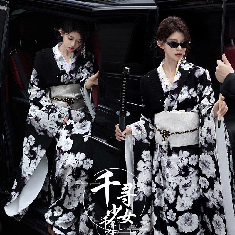 神明少女和服蓝色仙鹤复古文艺清新改良和风温泉浴衣写真拍照服装