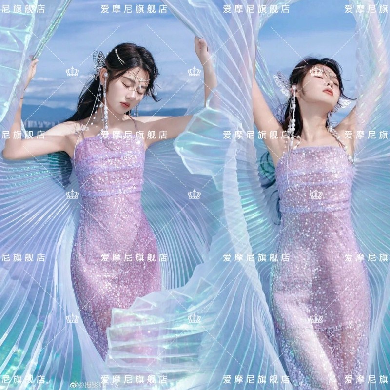 新款美人鱼梦幻镭射纱幻彩艺术照蝴蝶精灵写真影楼服装舞台演出服