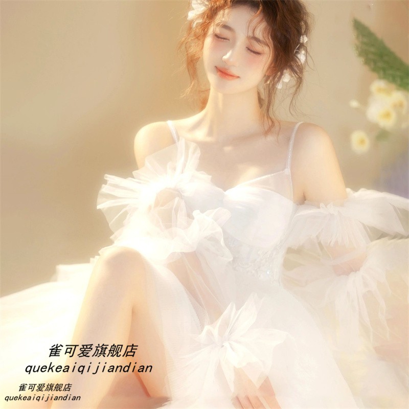 影楼超仙法式晚礼服裙女2025新款写真走秀轻婚纱小拖尾公主风