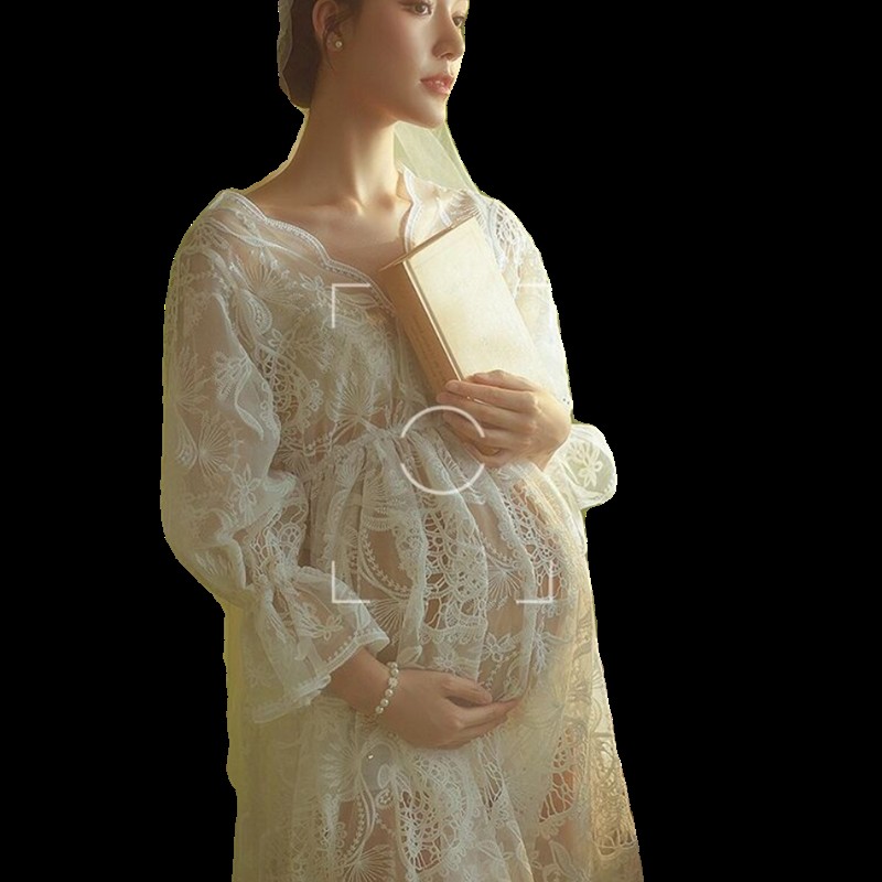 孕妇拍照服装照相馆新款法式高级温柔风孕妈写真性感蕾丝洋装摄影