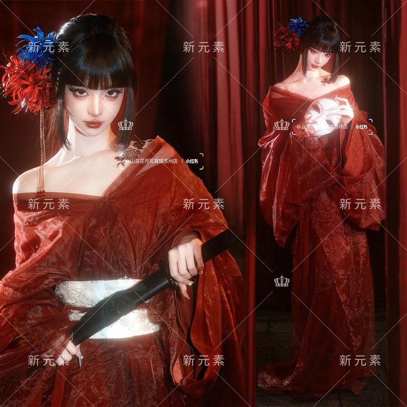 照相馆红色古风汉服女一字肩战国袍纯欲性感氛围写真艺术照摄影服