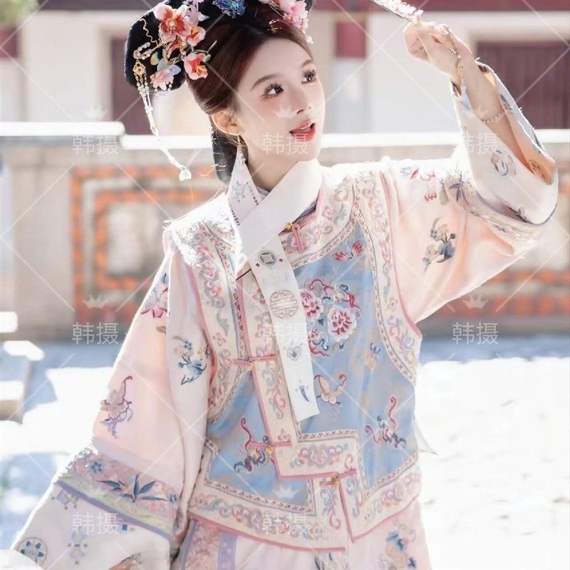 汉服女清代印花古装清朝延吉公主旗袍宫廷格格服两件套旅拍服装女