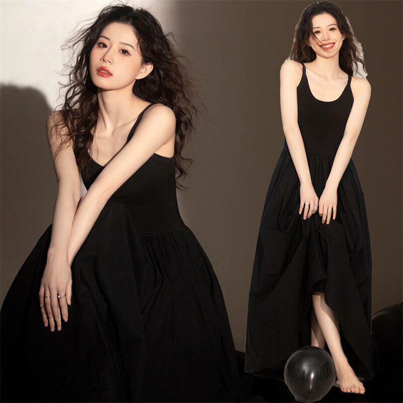 黑色高级感无袖背心连衣裙女影楼法式设计感脚踝长裙收腰拖地裙子