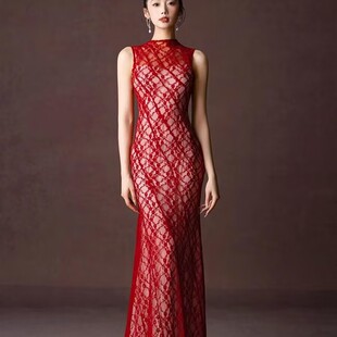 新中式晨袍女新娘晨拍订婚礼服蕾丝红色敬酒服高级感无袖鱼尾长裙