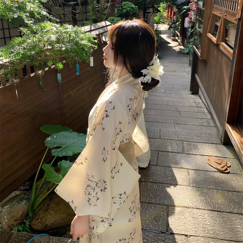 新中式风印花和服女春季浅黄色宽腰封日系套装民族服装