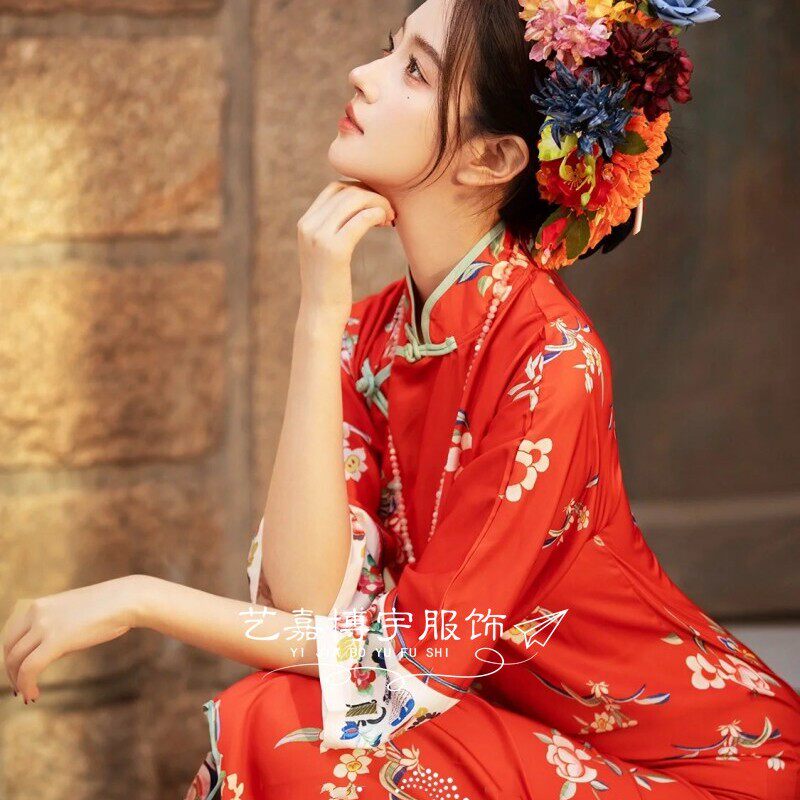 泉州民族特色浔埔女簪花写真服装复古旗袍外景拍照旅拍摄影连衣裙