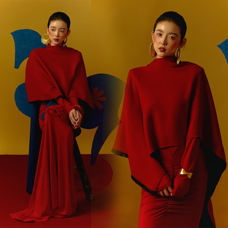 新中式斗篷女红色高领连衣裙新年优雅气质中国风摄影服拍照写真服