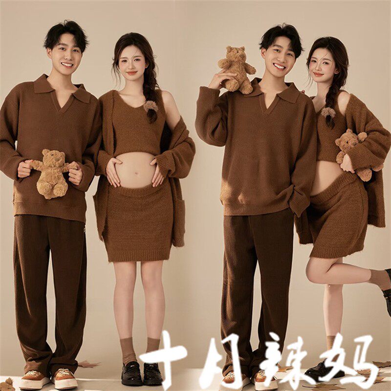 影楼新款情侣主题韩系秋冬氛围感咖色毛衣孕妈夫妻艺术摄影在家拍