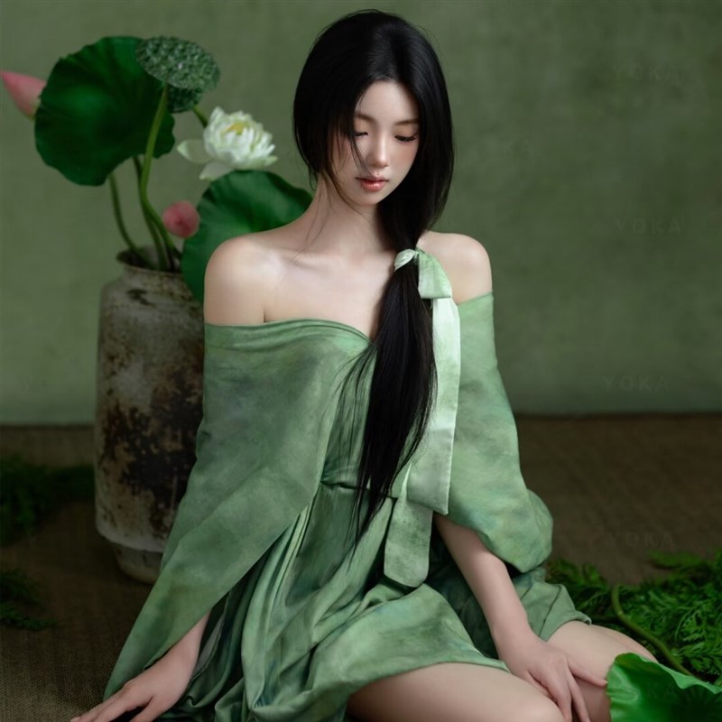 影楼主题新中式国风禅意扎染绿色印花裙个人写真艺术照摄影拍照服