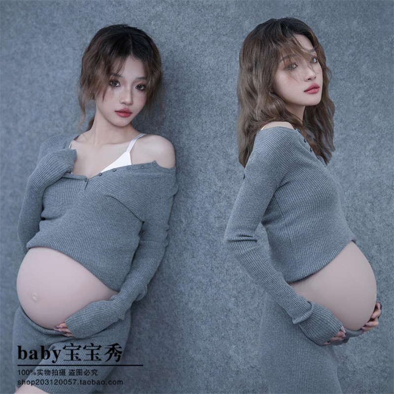 新款影楼韩系纯欲慵懒风主题式摄影服灰色肖像连体毛衣艺术照服装